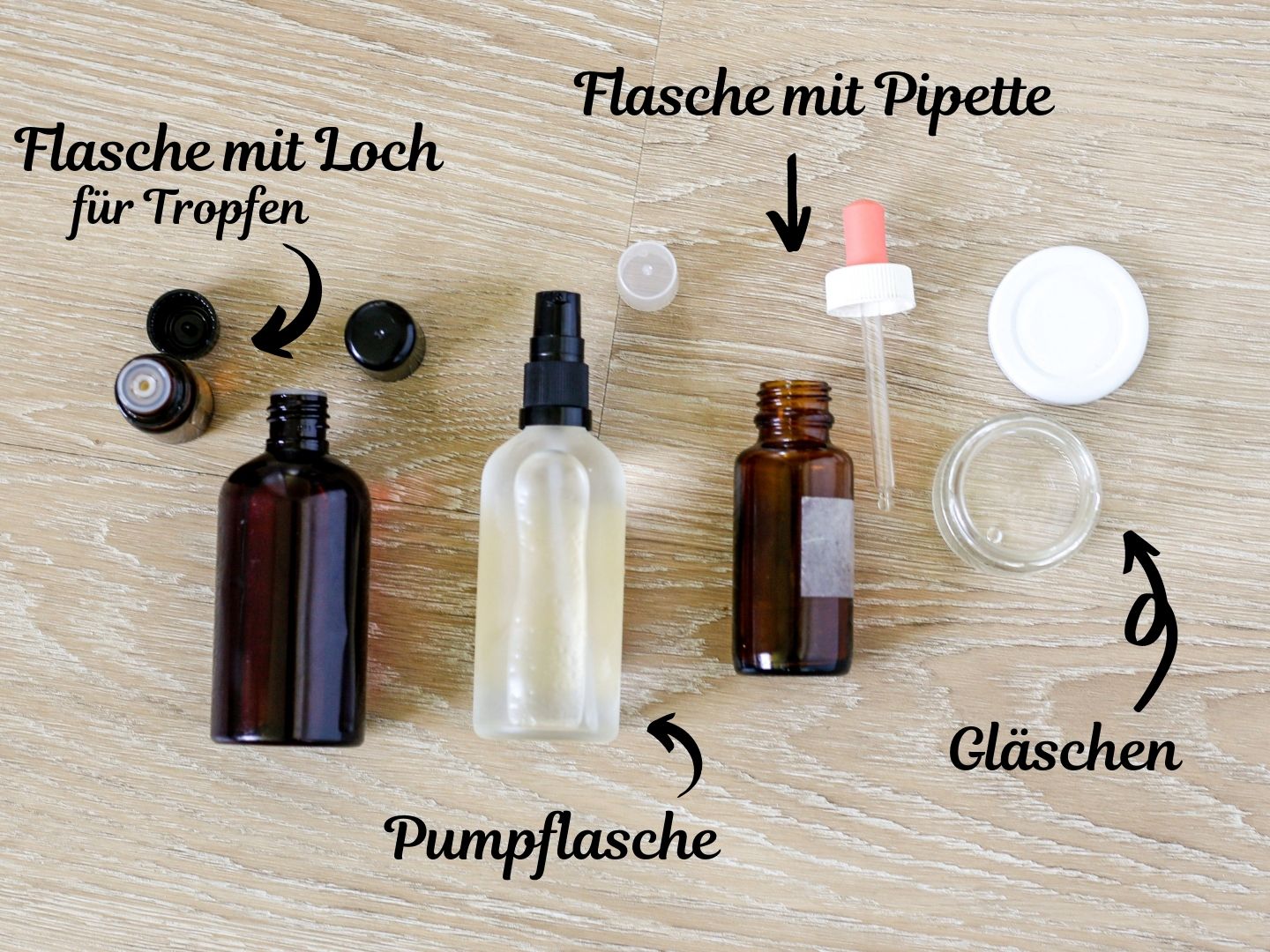 Aufbewahrung fuer anti-aging serum. Flasche mit Loch im Verschluss, Pumpflasche, Flasche mit Pipette und kleines Glas